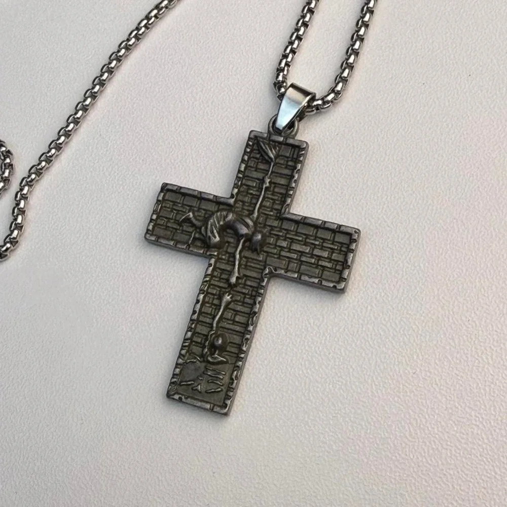 Black Cross Pendant Necklace Mens 24 Inch Chain Streetwear Jewelry
